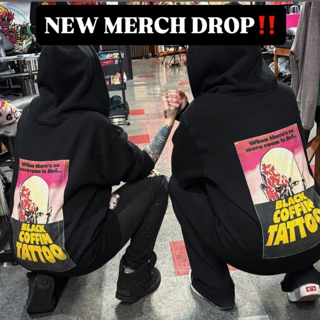 ‼️New merch‼️ 
Hell yeah. Just in time for your favorite holiday. 😏🎃🦇 
Grab yours today on www.blackcoffintattoo.com or swing by the shop!